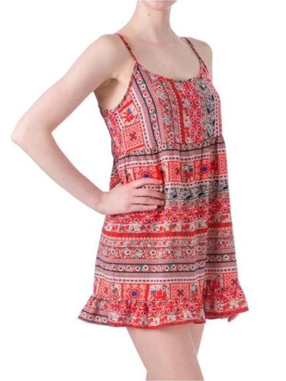 One Clothing Boho Red Patterned Babydoll Mini Dress Women’s Size Medium